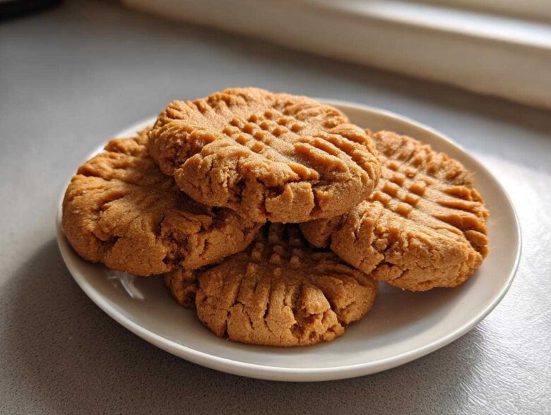 A small stack of freshly baked peanut butter cookies showing classic crisscross fork marks on a white plate.