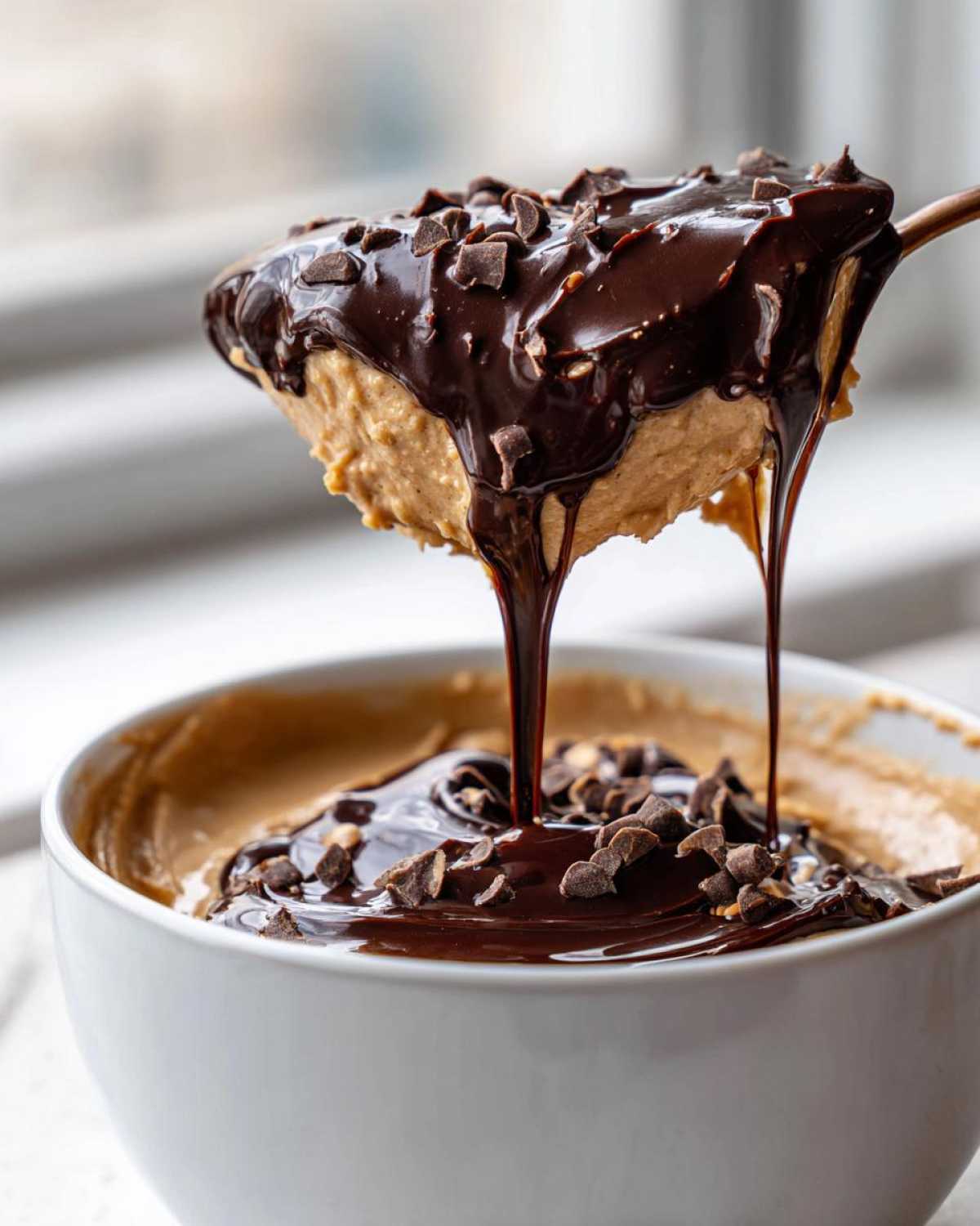 A spoonful of creamy peanut butter dip topped with chocolate sauce and chips being lifted from a bowl.