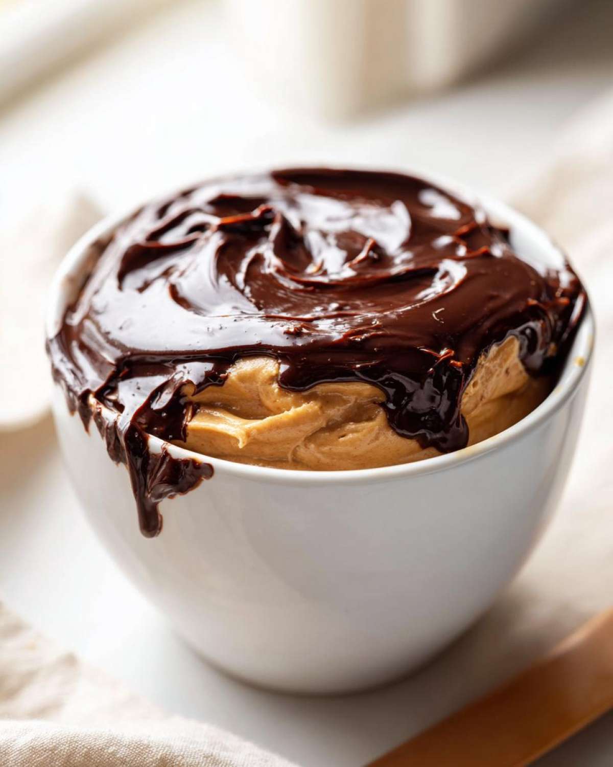 Close-up of a creamy peanut butter dip in a white bowl, generously topped with melted chocolate sauce.