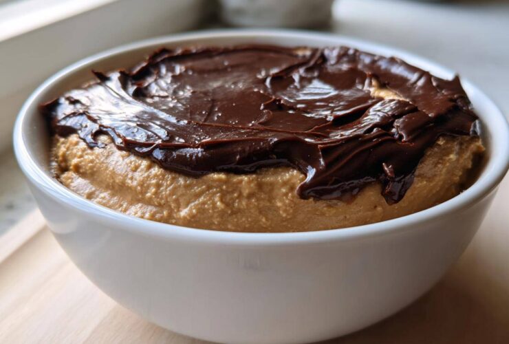 Close-up of a white bowl filled with creamy peanut butter dip topped with a layer of melted chocolate.