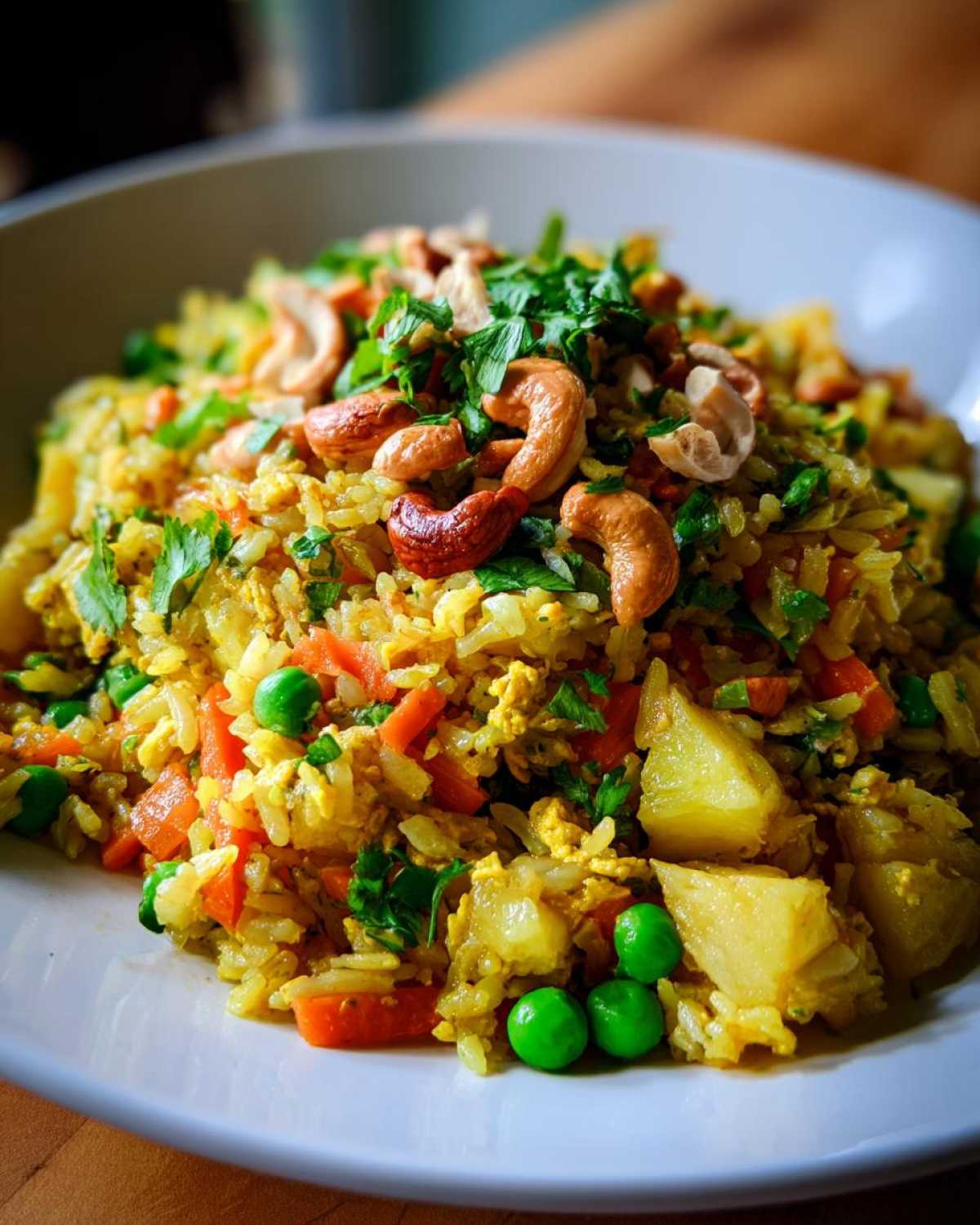 A close-up of vibrant pineapple fried rice topped with roasted cashews and fresh cilantro.