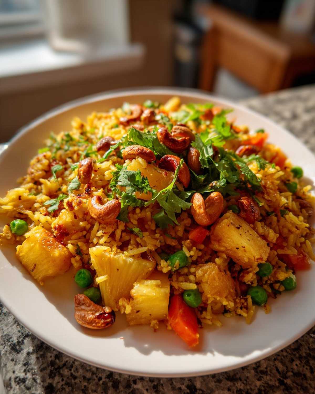 A close-up of a plate piled high with vibrant pineapple fried rice, garnished with cashews and fresh cilantro.