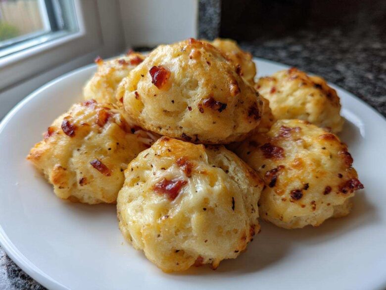 A white plate filled with golden brown, cheesy pizza bites topped with visible bits of bacon or pepperoni.