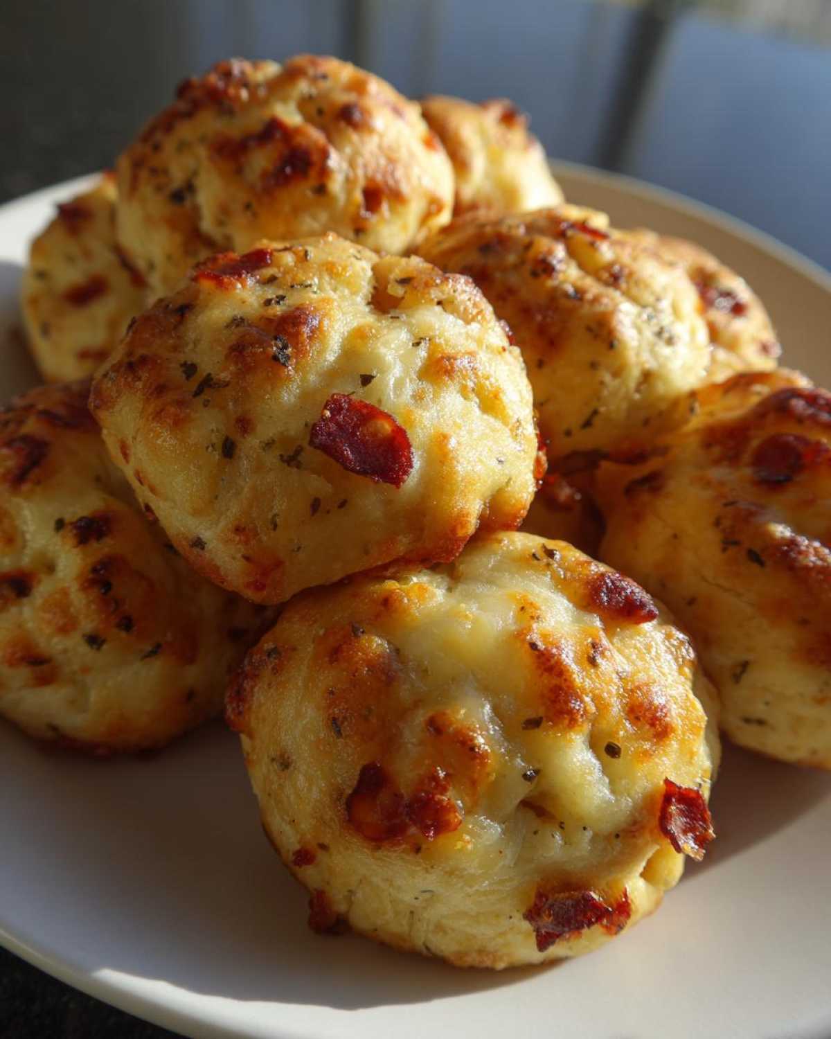Close-up of several golden brown, cheesy pizza bites sprinkled with herbs on a white plate.
