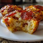 A close-up shot of a bitten pizza muffin showing melted cheese and pepperoni topping, part of a batch of amazing pizza muffins.