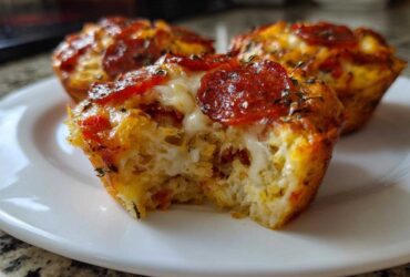 A close-up shot of a bitten pizza muffin showing melted cheese and pepperoni topping, part of a batch of amazing pizza muffins.