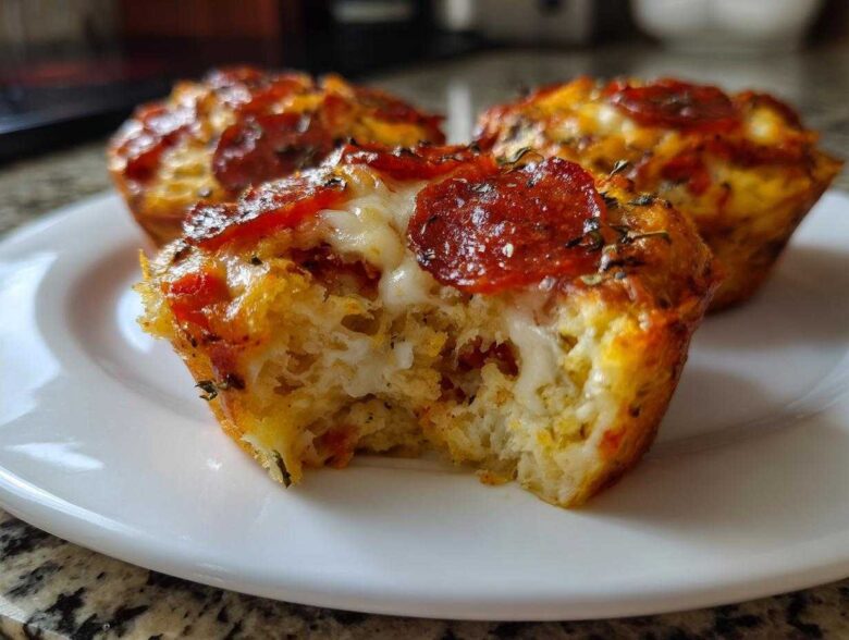 A close-up shot of a bitten pizza muffin showing melted cheese and pepperoni topping, part of a batch of amazing pizza muffins.