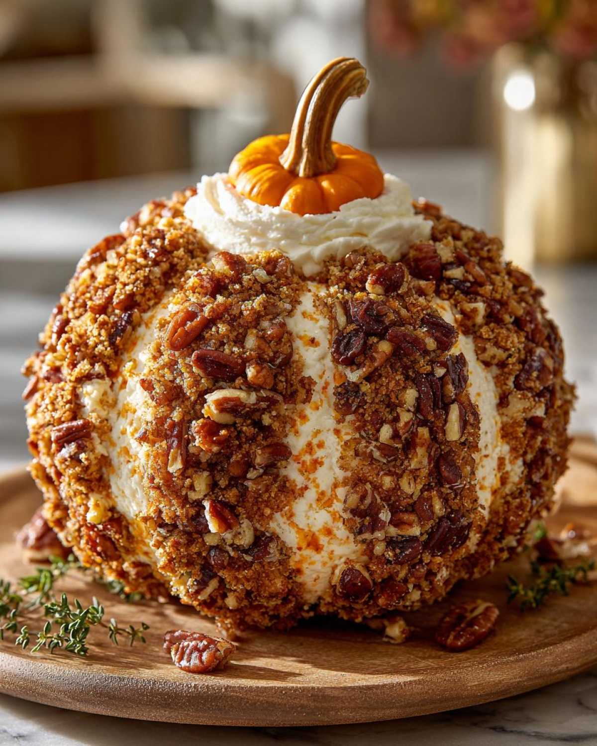 A decorative pumpkin cheese ball coated in chopped pecans and spices, topped with a real mini pumpkin stem.