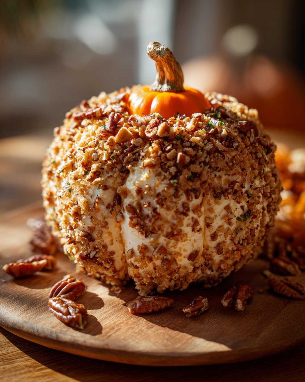 A festive pumpkin cheese ball coated entirely in chopped pecans, topped with a small pumpkin stem.