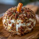A beautifully shaped pumpkin cheese ball covered in chopped pecans and breadcrumbs, sitting on a wooden board.