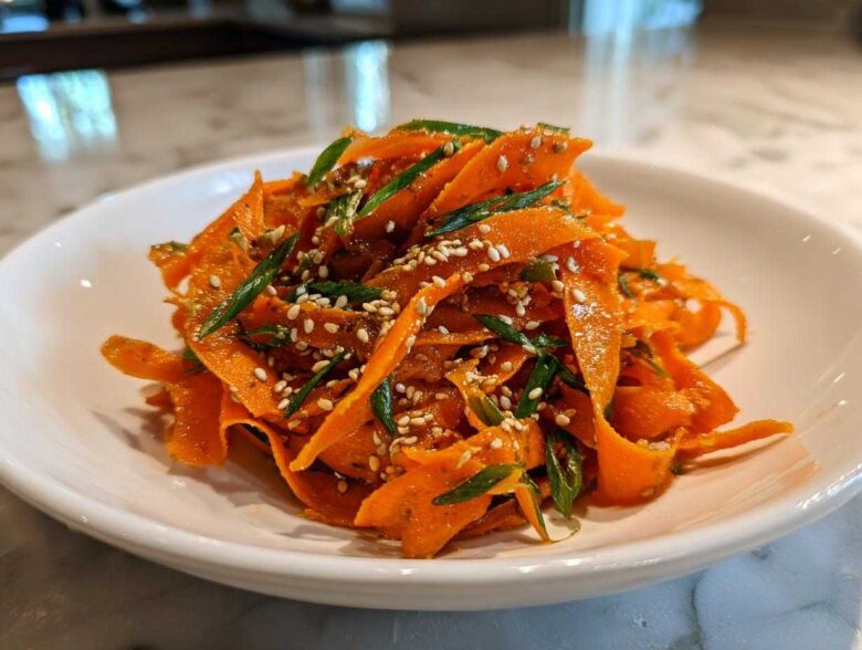Close-up of a vibrant raw carrot salad made with shaved carrots, green onions, and sesame seeds.