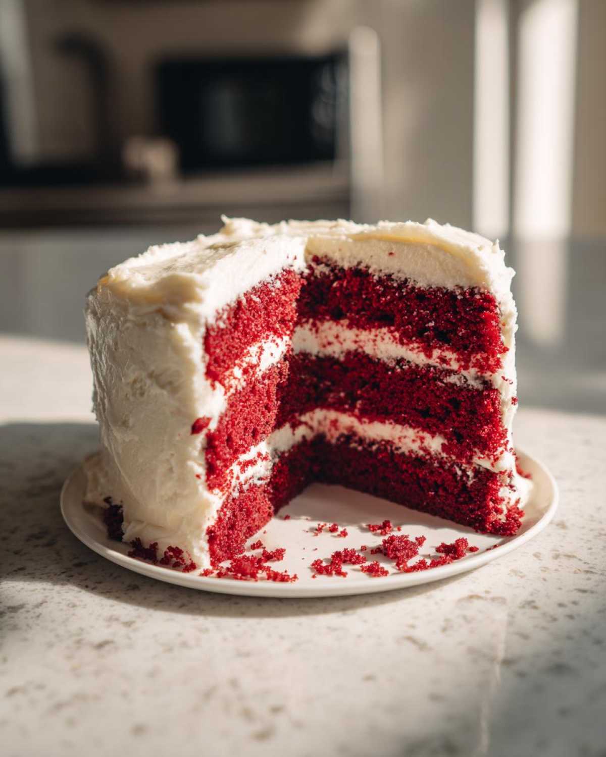 A tall, three-layer red velvet cake with a slice removed, showing rich red layers and white frosting.