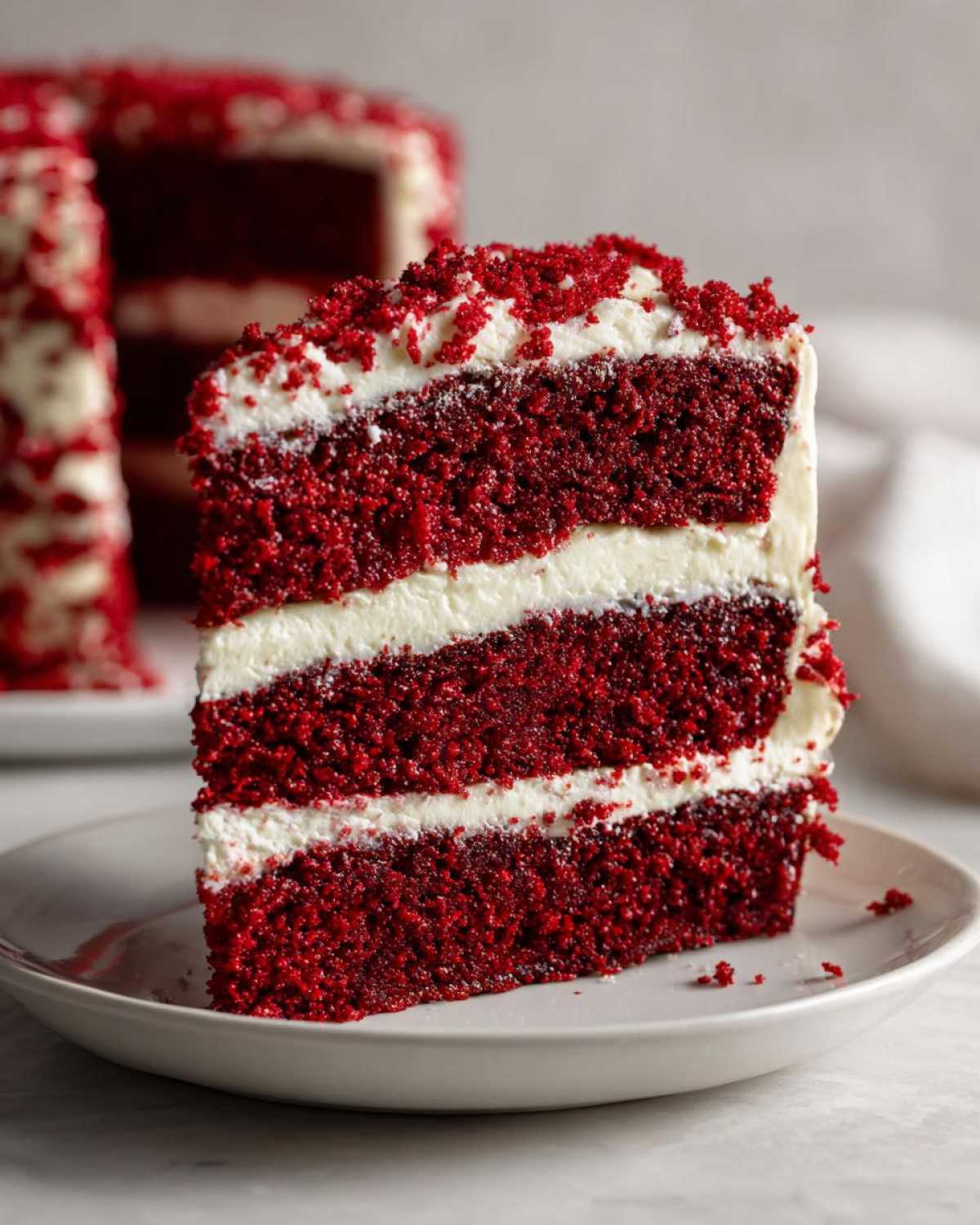 Close-up of a tall slice of moist red velvet cake with three layers and white cream cheese frosting, topped with red crumbs.