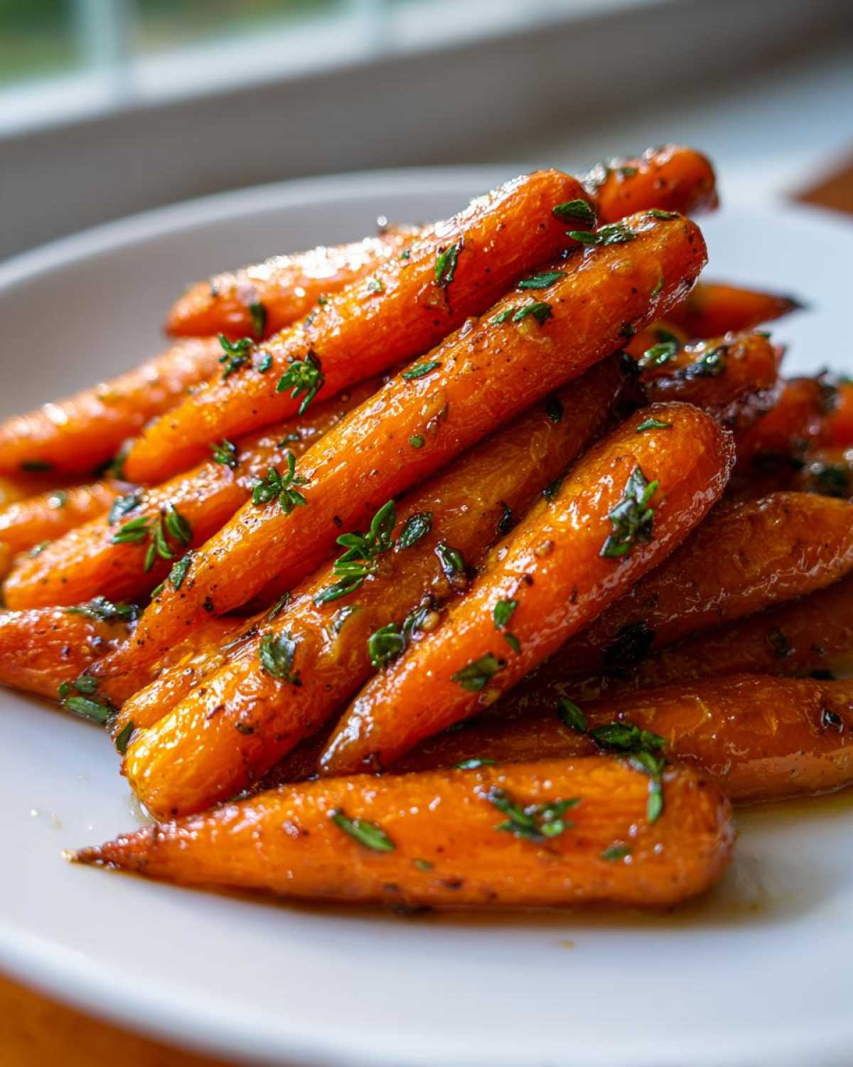 A close-up of glossy, glazed roasted baby carrots sprinkled with fresh green herbs on a white plate.