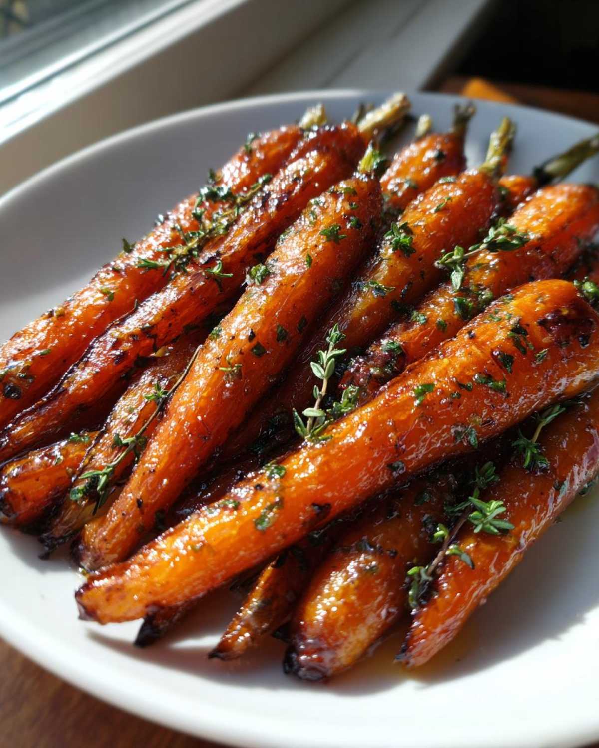 A close-up of glossy, glazed roasted baby carrots sprinkled with fresh thyme and parsley.