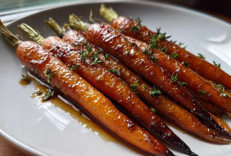 Close-up of perfectly glazed roasted baby carrots drizzled with sauce and topped with fresh thyme.