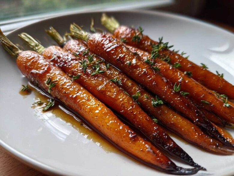 Close-up of perfectly glazed roasted baby carrots drizzled with sauce and topped with fresh thyme.