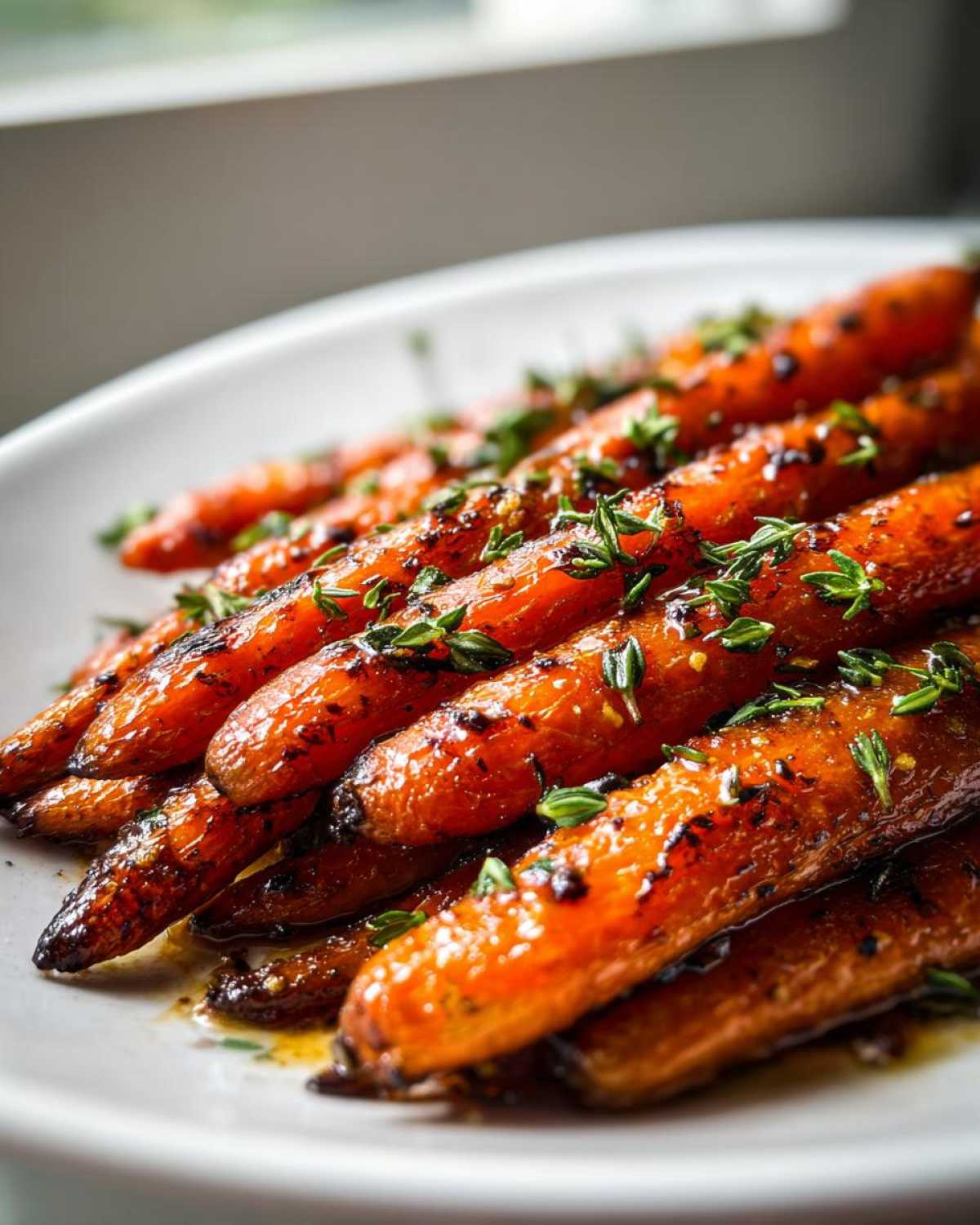 Close-up of glossy, caramelized roasted baby carrots seasoned with fresh thyme.