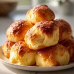 A stack of freshly baked, golden brown, soft dinner rolls with a glossy top, ready to serve.