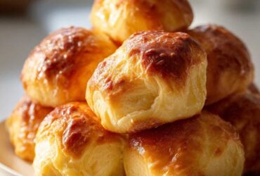 A stack of freshly baked, golden brown, soft dinner rolls with a glossy top, ready to serve.