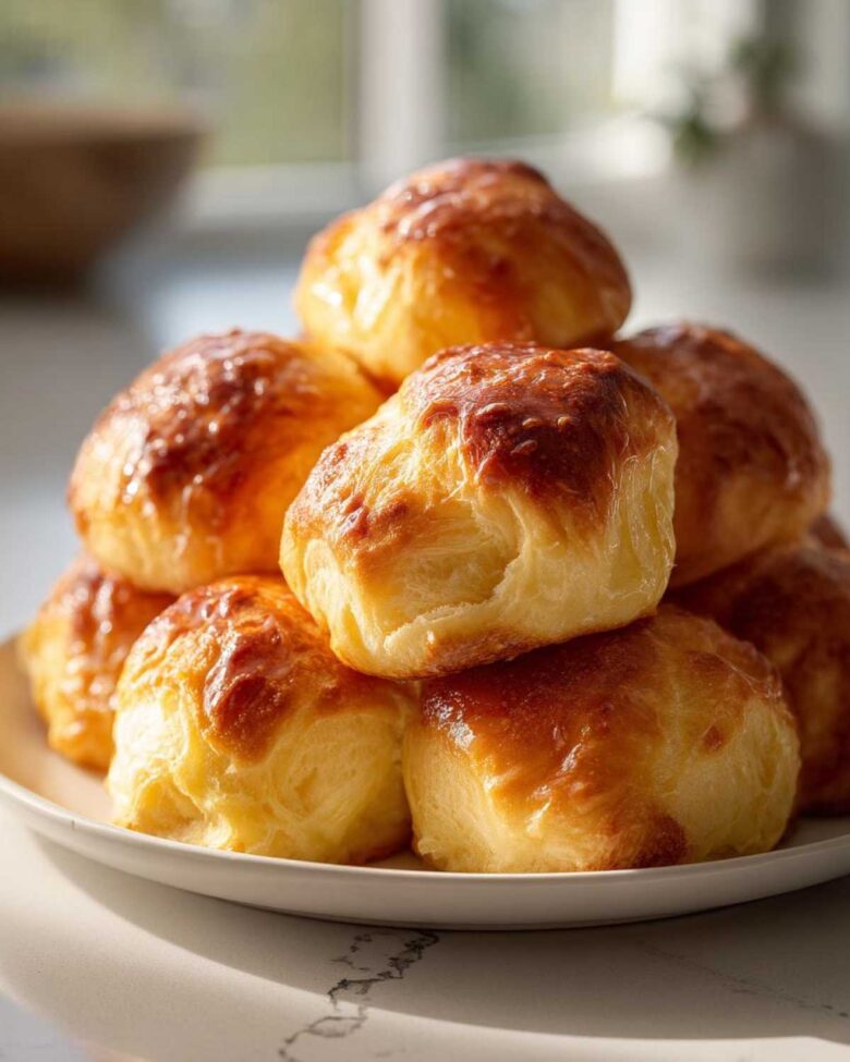 A stack of freshly baked, golden brown, soft dinner rolls with a glossy top, ready to serve.