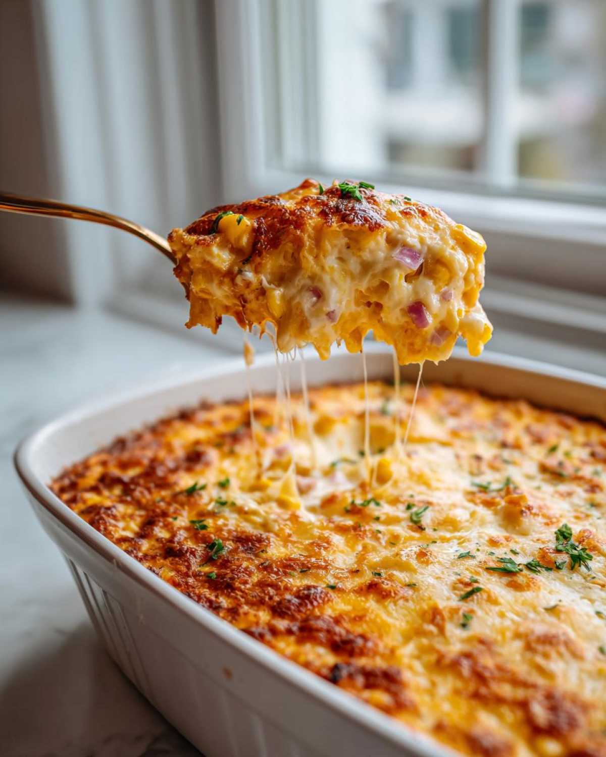 A spoonful of cheesy, baked street corn dip being lifted from a white casserole dish, showing cheese pulls.