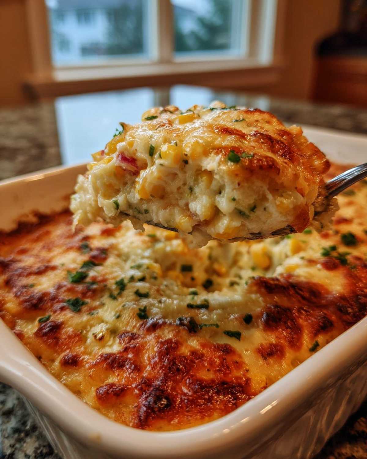A spoonful of creamy, cheesy amazing street corn dip being lifted from a white baking dish.