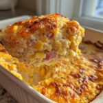 A spoonful of creamy, cheesy street corn dip with visible corn kernels and pinkish bits, lifted from a white baking dish.