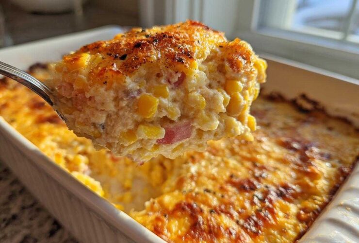A spoonful of creamy, cheesy street corn dip with visible corn kernels and pinkish bits, lifted from a white baking dish.