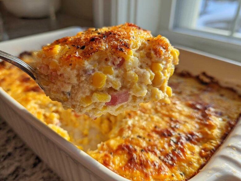 A spoonful of creamy, cheesy street corn dip with visible corn kernels and pinkish bits, lifted from a white baking dish.