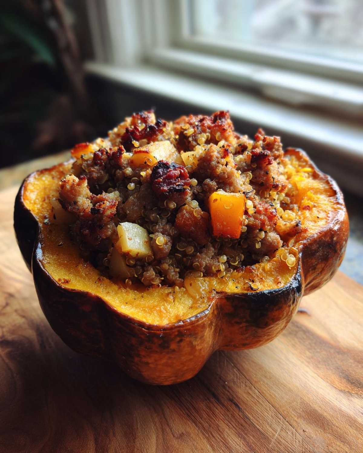 A baked half of stuffed acorn squash filled with a savory mixture of quinoa, sausage, and diced fruit/vegetables.