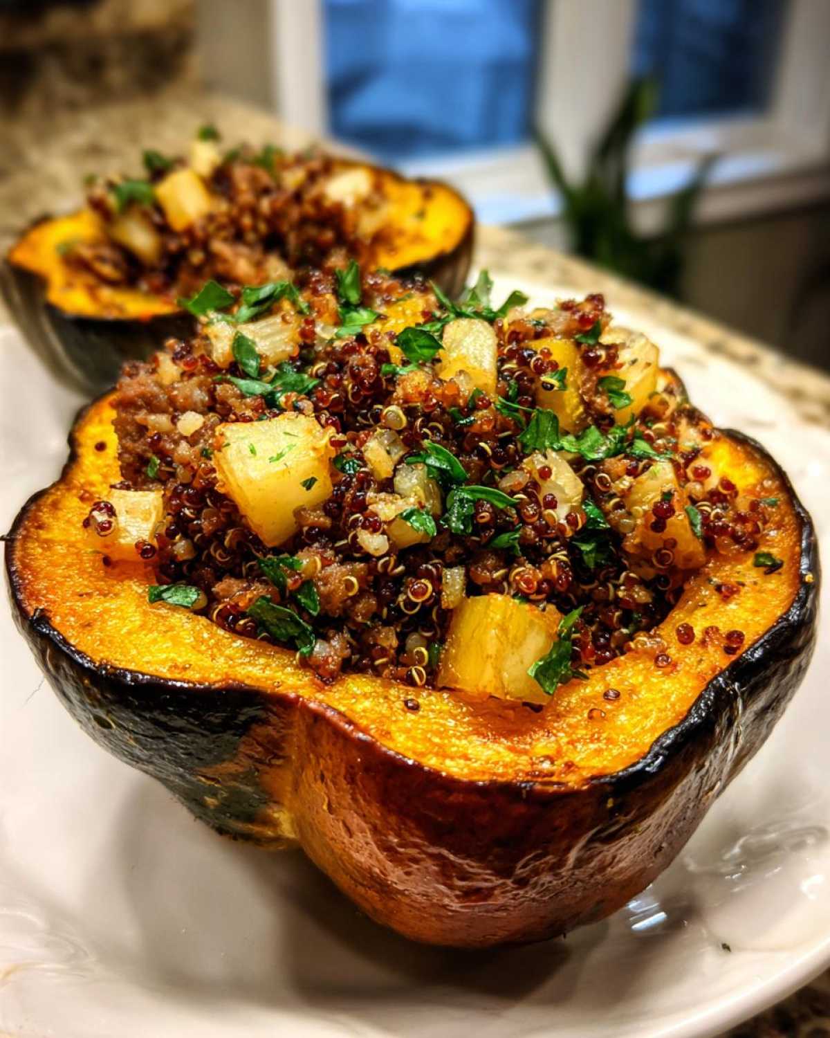 Close-up of a roasted acorn squash half filled with a savory quinoa stuffing, part of an amazing stuffed acorn squash recipe.