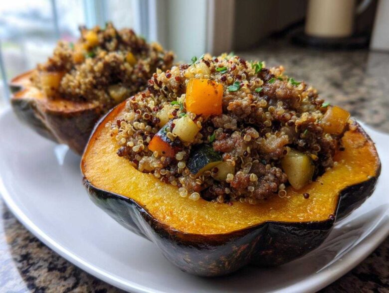 Two halves of baked stuffed acorn squash filled with a mixture of quinoa, ground meat, and diced vegetables.