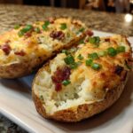 Two halves of amazing twice baked potatoes loaded with cheese, bacon, and green onions.