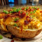 Close-up of two loaded twice baked potatoes topped with melted cheddar cheese, bacon bits, and green onions.