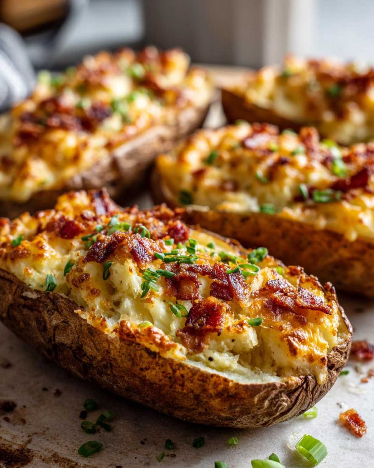 A close-up of a perfectly baked twice baked potato stuffed with creamy filling, topped with crispy bacon bits and chives.