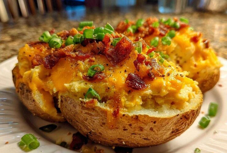 Close-up of two loaded twice baked potatoes topped with melted cheddar cheese, bacon bits, and green onions.