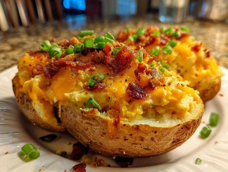 Close-up of two loaded twice baked potatoes topped with melted cheddar cheese, bacon bits, and green onions.