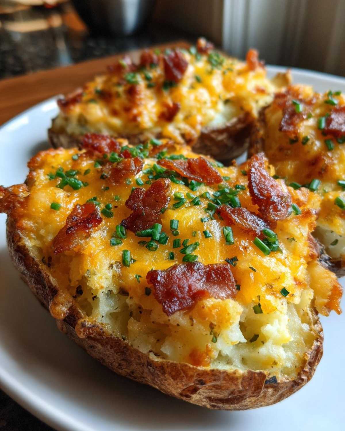 Close-up of three delicious twice-baked potatoes topped with melted cheddar cheese, crispy bacon bits, and fresh chives.