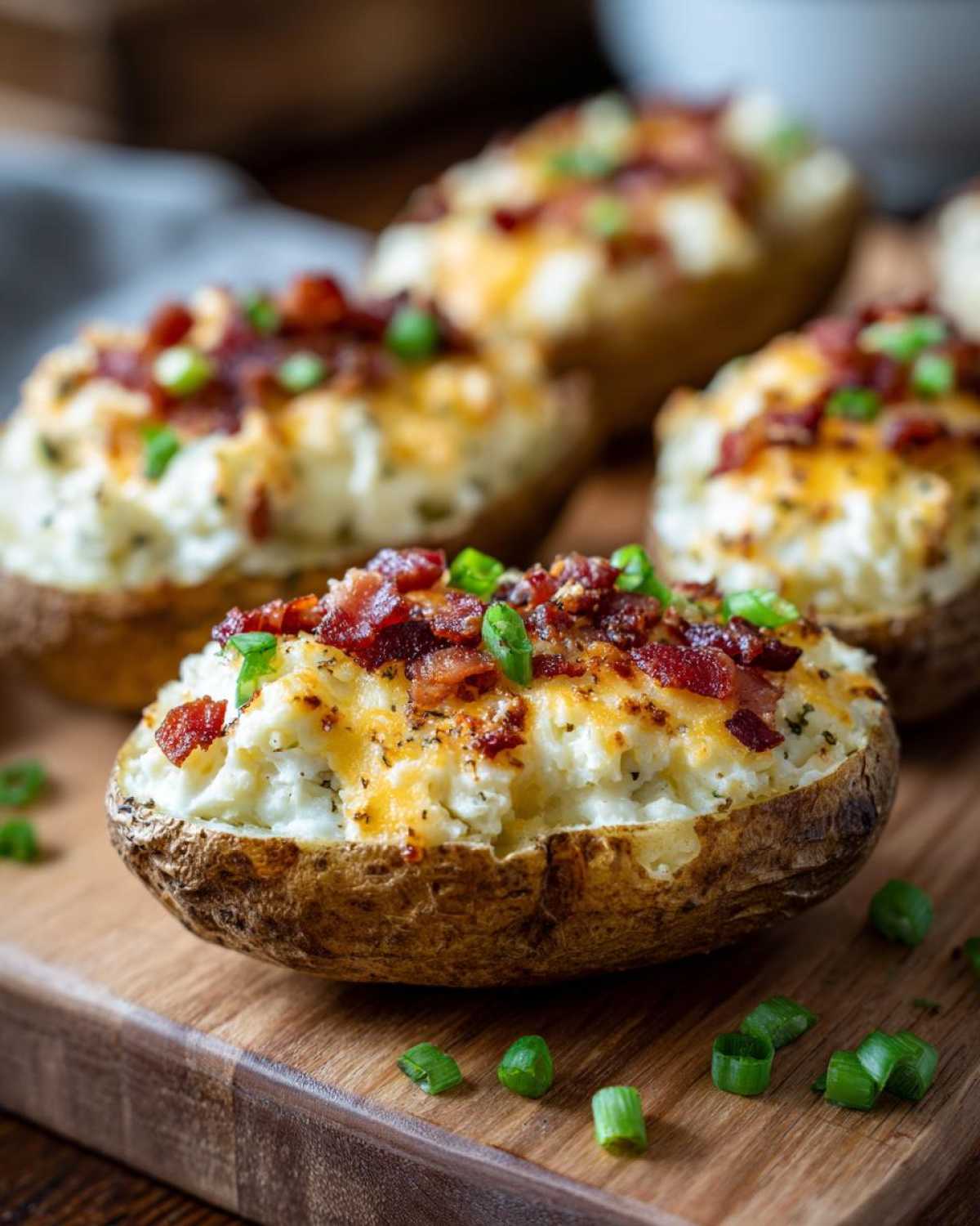 A close-up of one of the amazing twice baked potatoes, stuffed with creamy filling, topped with melted cheese, bacon bits, and chives.
