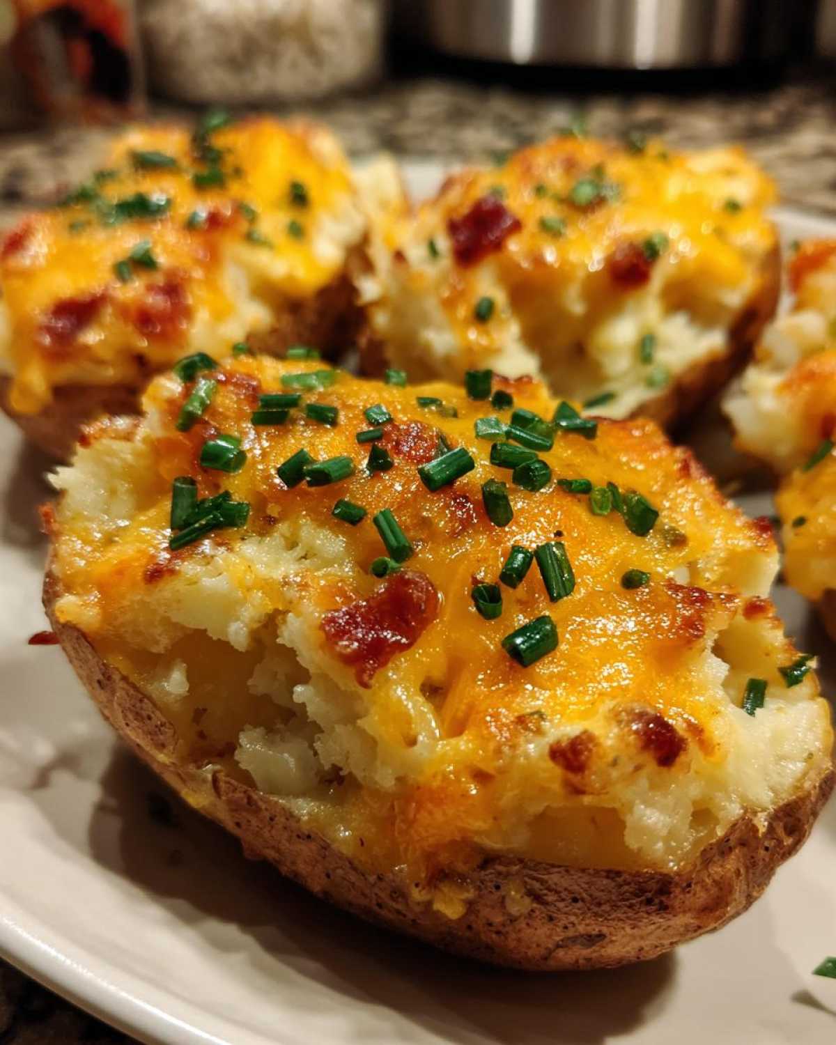 Close-up of a delicious twice-baked potato, stuffed with creamy filling, melted cheddar cheese, bacon bits, and fresh chives.