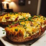 Two golden brown twice-baked potatoes stuffed with creamy filling, melted cheddar cheese, bacon bits, and fresh chives.