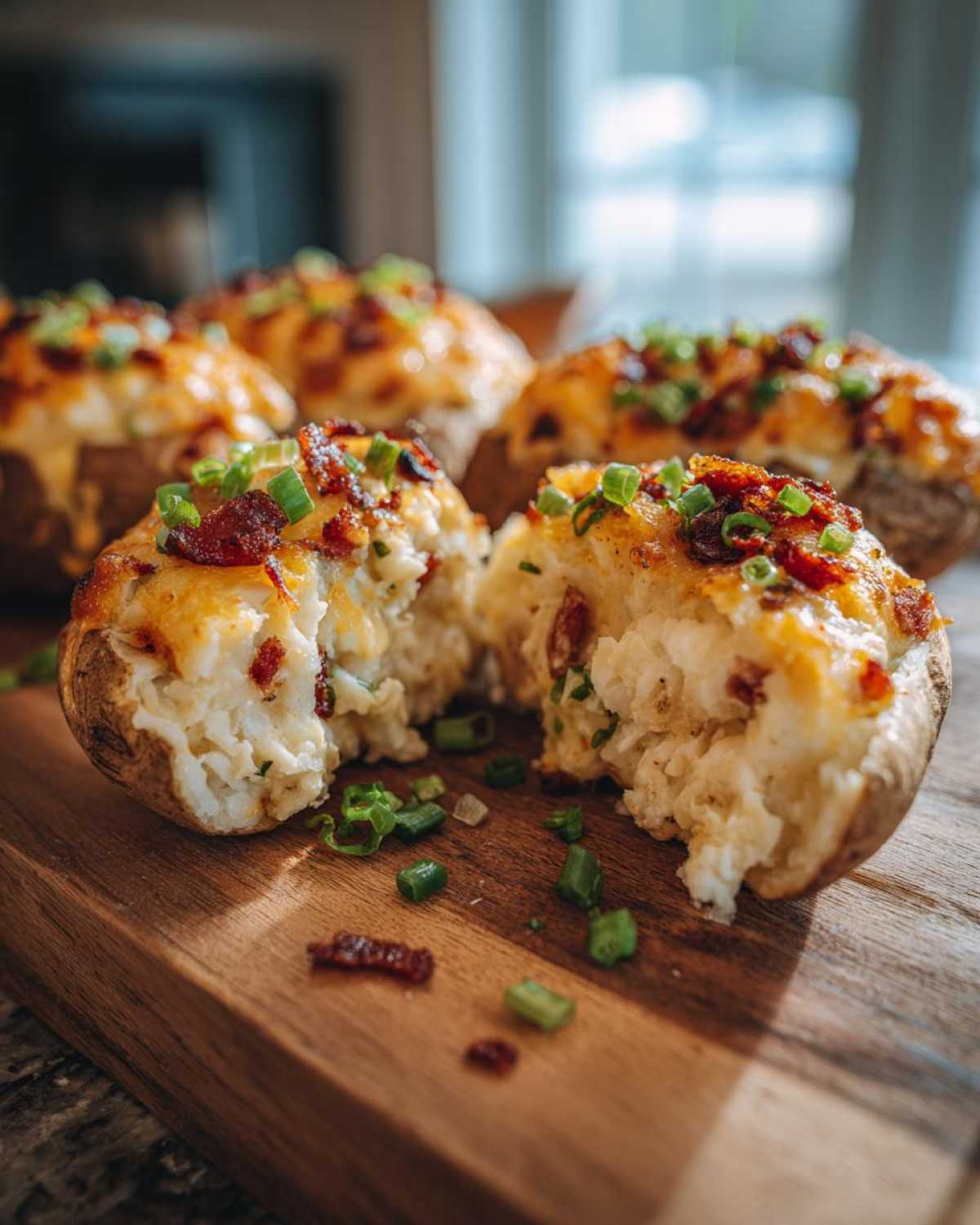 A close-up of a twice baked potato split open, showing creamy filling topped with melted cheese, bacon bits, and green onions.