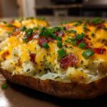 Close-up of an amazing twice-baked potato stuffed with mashed filling, topped with melted cheddar cheese, bacon bits, and chives.