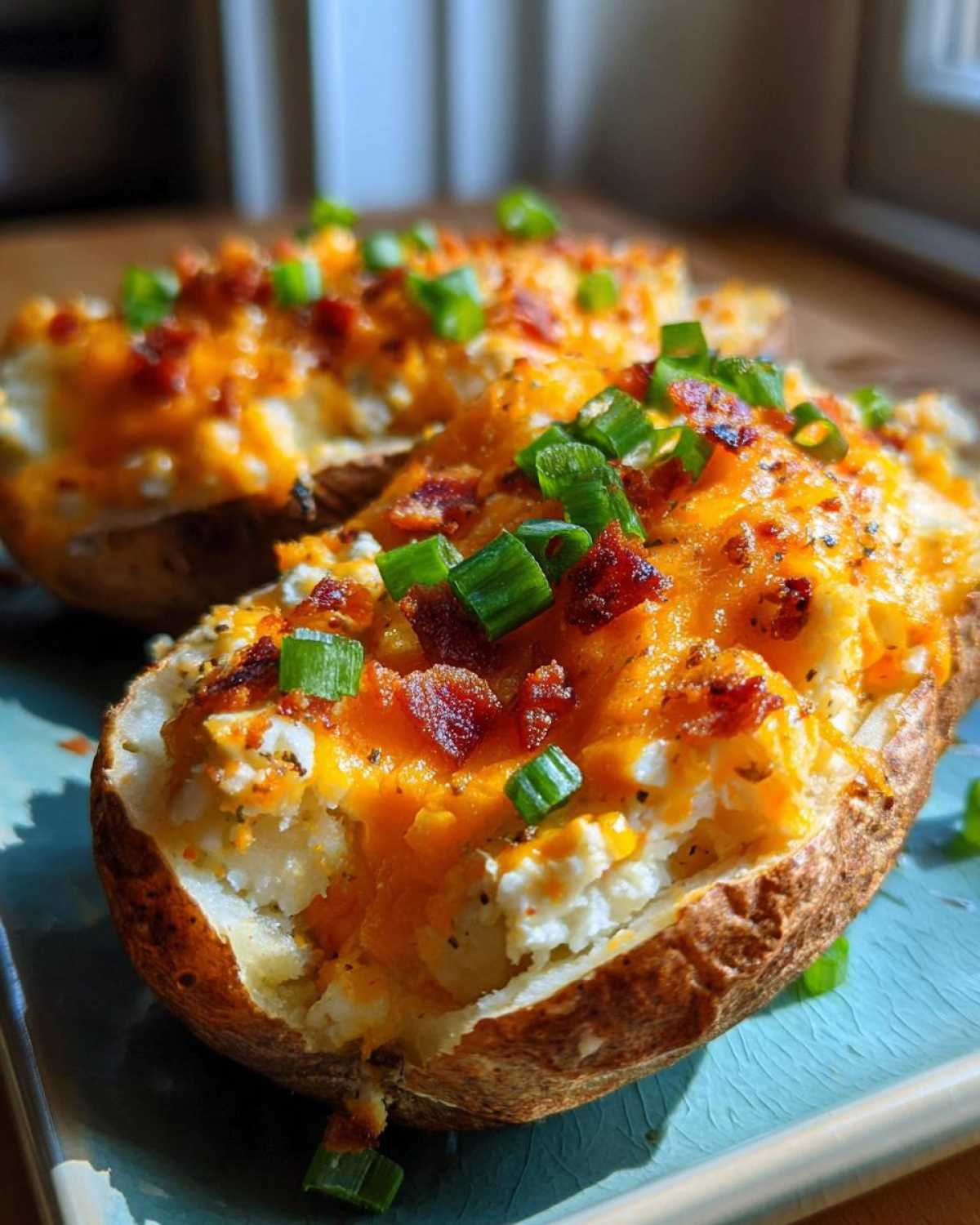 Close-up of two amazing twice baked potatoes loaded with melted cheddar cheese, bacon, and chives.