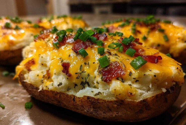 Close-up of an amazing twice-baked potato stuffed with mashed filling, topped with melted cheddar cheese, bacon bits, and chives.