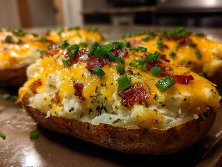 Close-up of an amazing twice-baked potato stuffed with mashed filling, topped with melted cheddar cheese, bacon bits, and chives.