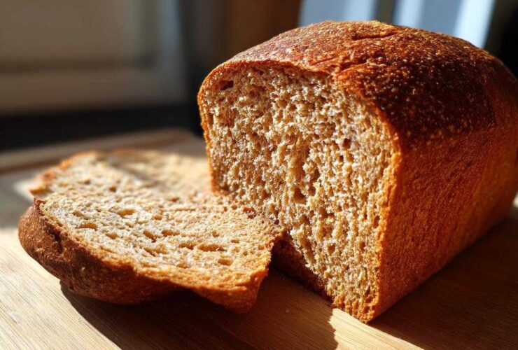 A close-up of a freshly baked whole wheat bread loaf, with one slice cut and resting against it on a wooden cutting board.