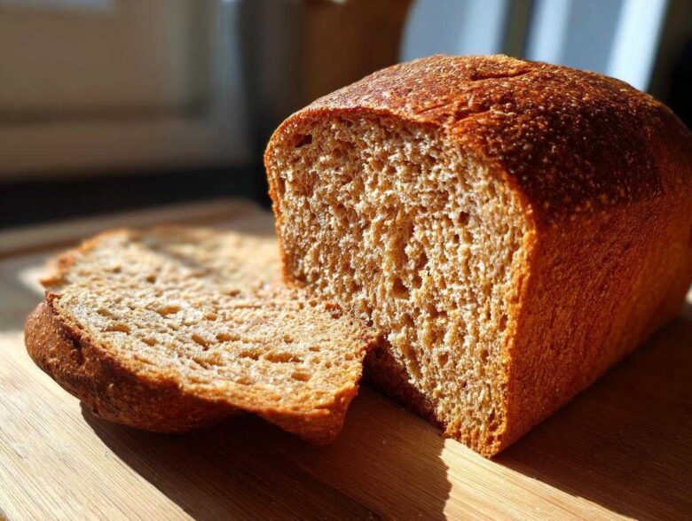 A close-up of a freshly baked whole wheat bread loaf, with one slice cut and resting against it on a wooden cutting board.