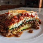 A hearty slice of zucchini lasagna featuring layers of zucchini, meat sauce, ricotta, and melted cheese topping.